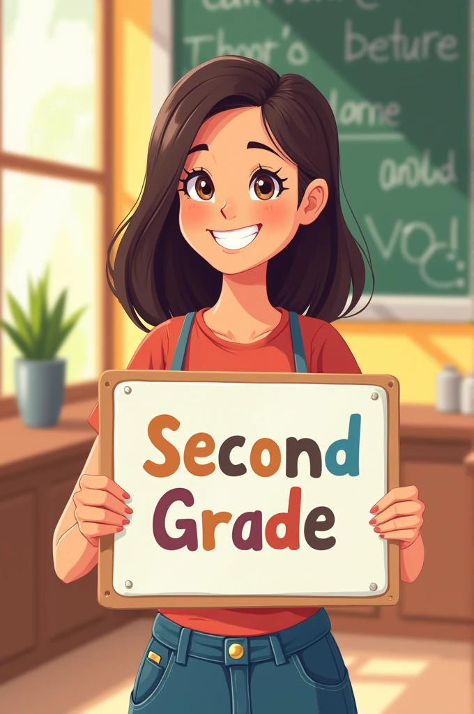 Drawing of a happy teacher with shoulder length straight hair holding a sign that says second grade C 