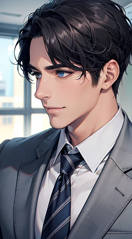 (Highest quality,4K,8K,High resolution,masterpiece:1.2),Super detailed,(Realistic,photoRealistic,photo-Realistic:1.37),1 personld,Mature Man,Beautiful skin、Profile、very handsome,Expressionless,smile,Short gray black hair,blue eyes,Sharp Eyes,A perfect face without a doubt,Businessman,Office Background,Cinema Lighting,HDR image,tie.