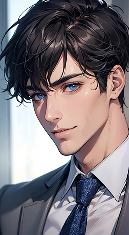 (Highest quality,4K,8K,High resolution,masterpiece:1.2),Super detailed,(Realistic,photoRealistic,photo-Realistic:1.37),1 personld,Mature Man,Beautiful skin、Profile、very handsome,Expressionless,smile,Short gray black hair,blue eyes,Sharp Eyes,A perfect face without a doubt,Businessman,Office Background,Cinema Lighting,HDR image,tie.