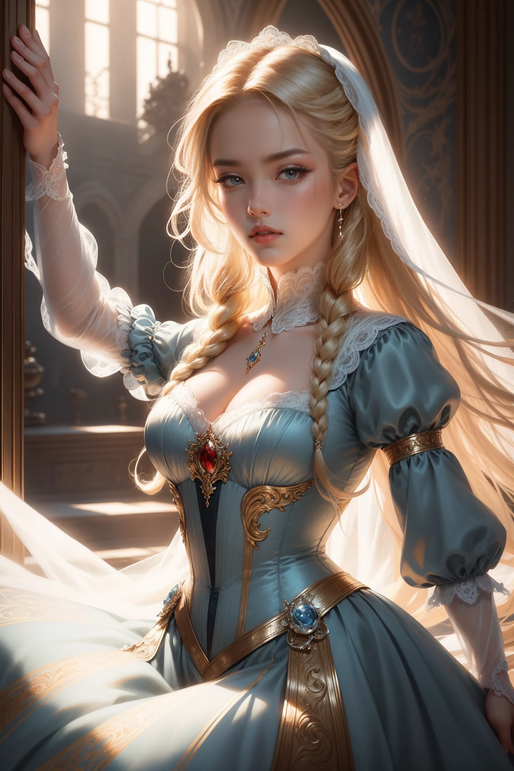 (Masterpiece - Ultra-detailed, very high resolution) Prepare to be enchanted by a true masterpiece that combines ultra-detailed art with high-resolution rendering. This work depicts a mesmerizing woman with very long blond hair (1.3) and captivating light blue eyes (1.2), emanating an aura of elegance and mystery in Victorian settings. The intricate details and realistic textures invite you to explore every aspect of this enchanting composition. Woman wearing beautiful classic Victorian costume from the year 1878. Red lips. Happy face. Smiling. white dress. Dancing lightly, upper body, dynamic poses. Get ready to dive into a world where beauty and craftsmanship merge perfectly.
