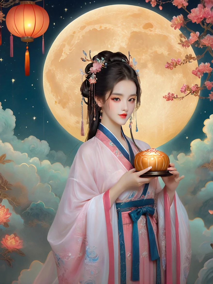 Dunhuang art style，Extremely long-distance lens, Surreal space，Mid-Autumn Festival，(sweet and delicious giant round mooncakes)，Ancient mythology，Hanfu，1个身穿Hanfu的可爱女孩，Beautiful girl，Perfect face，Pampering beauty，Wearing traditional silk clothing，Silk clothing looks soft and warm in the moonlight，Fluffy love heart，Fluffy clouds，Beautiful moon，(White rabbit:1.7)，(Laurel:1.5)，(Osmanthus fragrans:1.5)，Zen style，Shine under the stars，Interweaving of light and shadow，Ancient White，epic，Extremely delicate brushstrokes，reality，DJI Shooting，In a dream，A vibrant and fun way to set the stage，Blue, purple and pink tones，Bright，Art Illustration，Ultra HD，masterpiece，Precision，The human body is structurally correct，Textured Skin，Ultra Detail，8k
