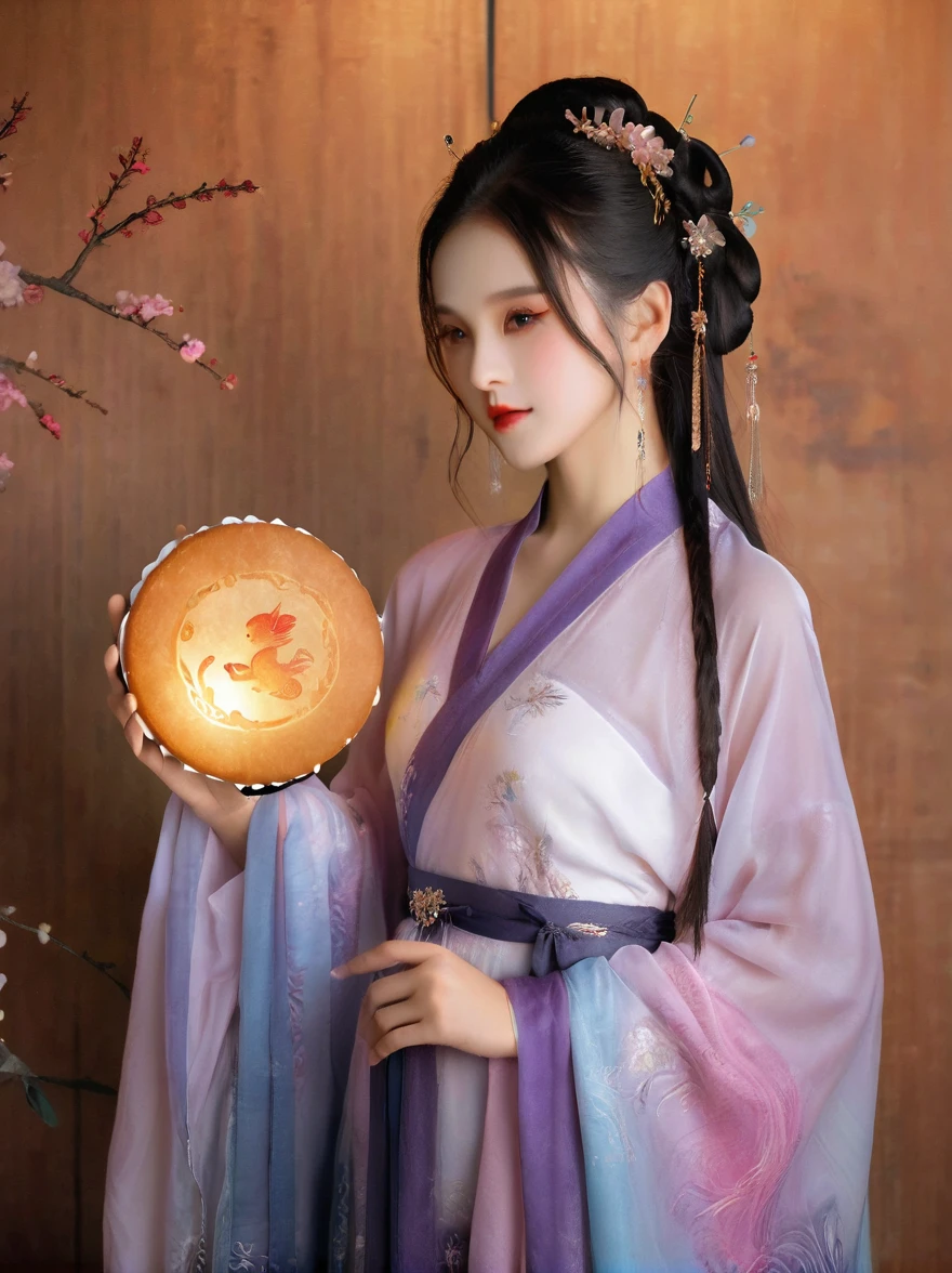 Dunhuang art style，Extremely long-distance lens, Surreal space，Mid-Autumn Festival，(sweet and delicious giant round mooncakes)，Ancient mythology，Hanfu，1个身穿Hanfu的可爱女孩，Beautiful girl，Perfect face，Pampering beauty，Wearing traditional silk clothing，Silk clothing looks soft and warm in the moonlight，Fluffy love heart，Fluffy clouds，Beautiful moon，(White rabbit:1.7)，(Laurel:1.5)，(Osmanthus fragrans:1.5)，Zen style，Shine under the stars，Interweaving of light and shadow，Ancient White，epic，Extremely delicate brushstrokes，reality，DJI Shooting，In a dream，A vibrant and fun way to set the stage，Blue, purple and pink tones，Bright，Art Illustration，Ultra HD，masterpiece，Precision，The human body is structurally correct，Textured Skin，Ultra Detail，8k
