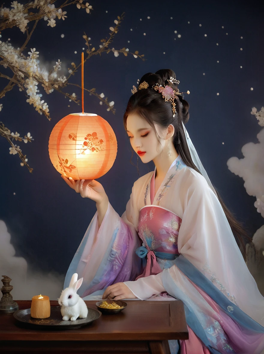 Dunhuang art style，Extremely long-distance lens, Surreal space，Mid-Autumn Festival，(sweet and delicious giant round mooncakes)，Ancient mythology，Hanfu，1个身穿Hanfu的可爱女孩，Beautiful girl，Perfect face，Pampering beauty，Wearing traditional silk clothing，Silk clothing looks soft and warm in the moonlight，Fluffy love heart，Fluffy clouds，Beautiful moon，(White rabbit:1.7)，(Laurel:1.5)，(Osmanthus fragrans:1.5)，Zen style，Shine under the stars，Interweaving of light and shadow，Ancient White，epic，Extremely delicate brushstrokes，reality，DJI Shooting，In a dream，A vibrant and fun way to set the stage，Blue, purple and pink tones，Bright，Art Illustration，Ultra HD，masterpiece，Precision，The human body is structurally correct，Textured Skin，Ultra Detail，8k
