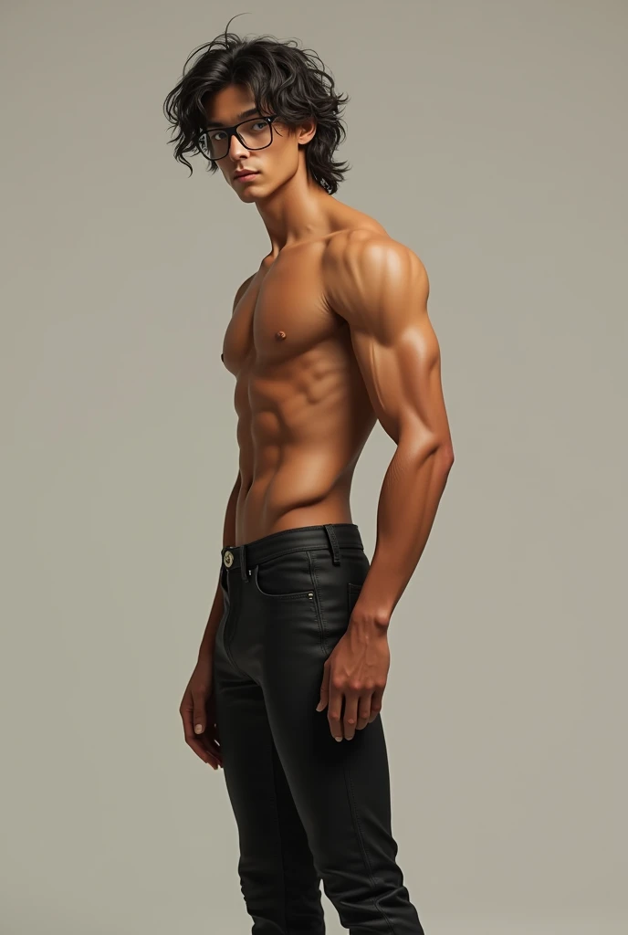 Create my ideal type, man, high like 1.85m, thin but marked, brownish skin, long wavy messy high hair, Without beard, with glasses, puppy eyes, de aproximadamente 18 años
Muestralo de cuerpo completo
Creo que te pedí Without beard, body hair, and with glasses
