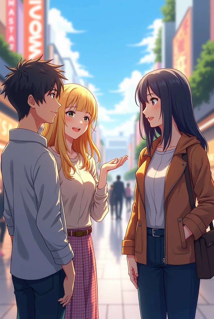 Blonde haired Japanese woman talking to two Japanese shopping mall