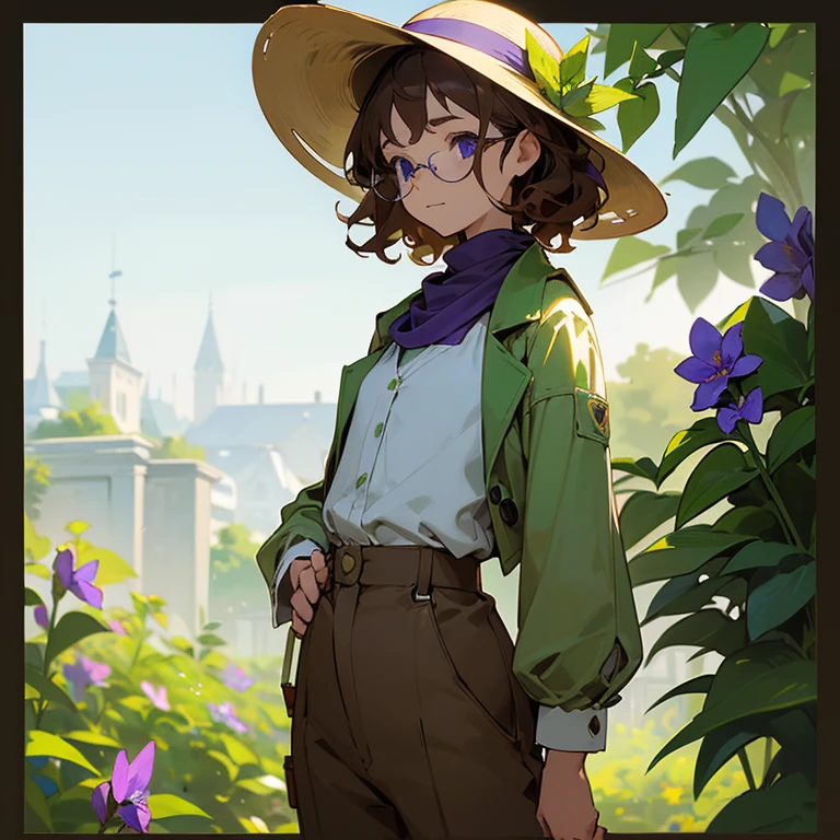 (Masterpiece, best quality), detailed, 1girl focus, 1 gardener woman, slight smile, pale, skin, indigo blue eyes, glasses, rounded square brown lenses, short dark brown curly hair, lavender flower, flat chest, green garden hat, green gardening hat, a lavender flower in the hat, a small purple scarf around the neck, white shirt with a green jacket over it, brown pants, Ecofashion, Ecopunk, Ecology, Earthy clothing, gardening clothing, gardening, garden, Solarpunk, Solarpunk reference, Solarpunk inspired, gold details, pastel purple, green and brown color palette for the clothes