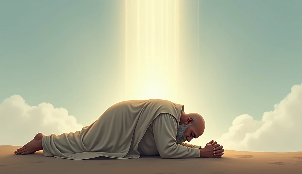 Create an image of Job an elderly man with a shaved head prostrate on the ground, in humility, with head bowed and hands folded, as he answers to God. Show a soft light coming from the sky, suggesting the divine presence. The scenario should be simple, with a clear or partly cloudy sky, reflecting Job&#39;s reverence and acceptance of God&#39;s greatness."
