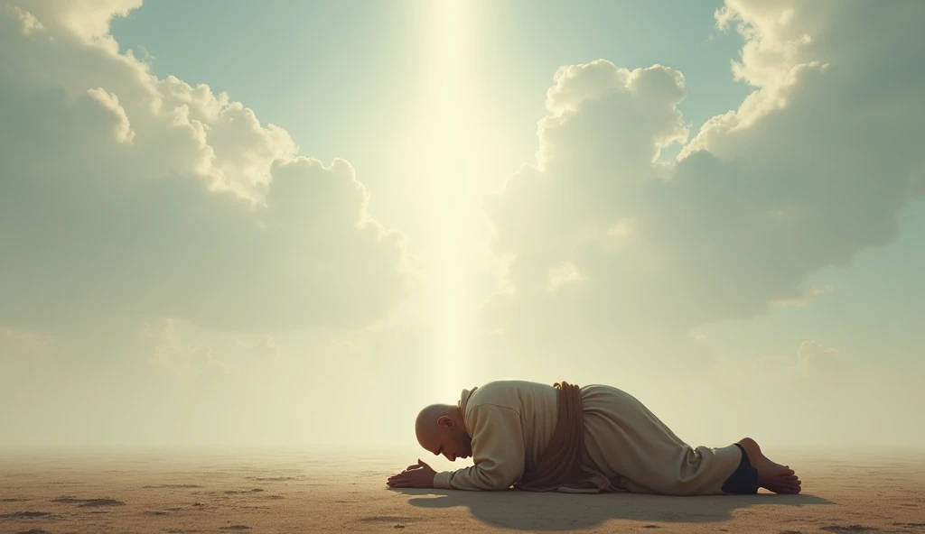 Create an image of Job an elderly man with a shaved head prostrate on the ground, in humility, with head bowed and hands folded, as he answers to God. Show a soft light coming from the sky, suggesting the divine presence. The scenario should be simple, with a clear or partly cloudy sky, reflecting Job's reverence and acceptance of God's greatness."