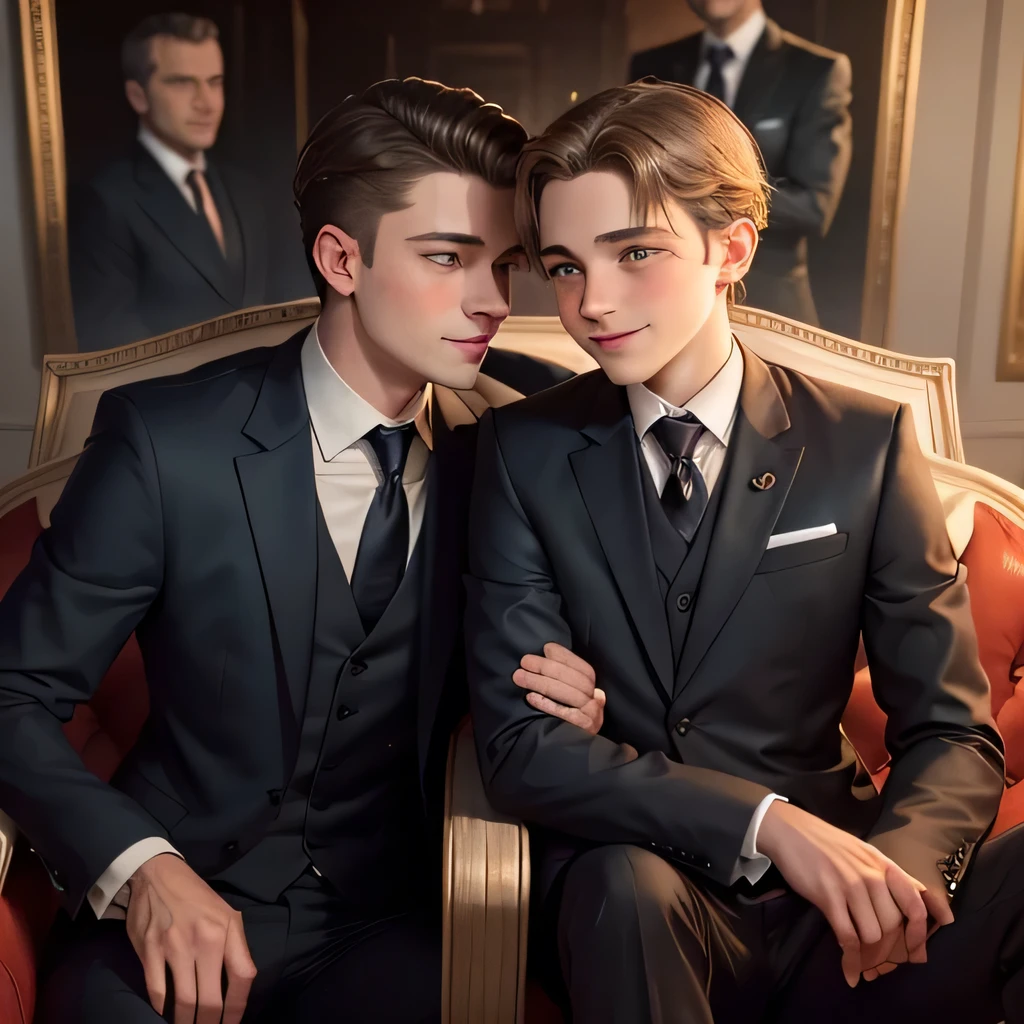 25yr European writer older brother in suits,With his European 13yr old brother,The expression is smiling,Next to it kiss