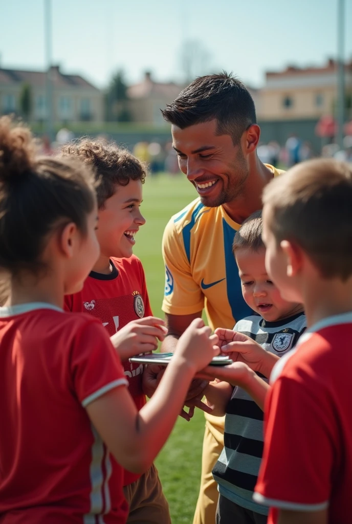 

**Ronaldo et les Enfants** :
   "Cristiano Ronaldo interagissant avec des enfants sur le terrain, leur signant des autographes et prenant des photos. Son visage est chaleureux et amical, montrant son côté accessible. Mots clés : Cristiano Ronaldo, enfants, interaction, accessible, sourire."