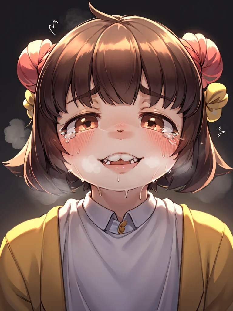 Loser Heroine, Big Tears , shining moist thin eyes , glossy lips , round face , childish hair tie , steamy breath , Swollen cheeks , closeup mouth , sweet pain , Smile with teeth showing , Palpitations and shortness of breath