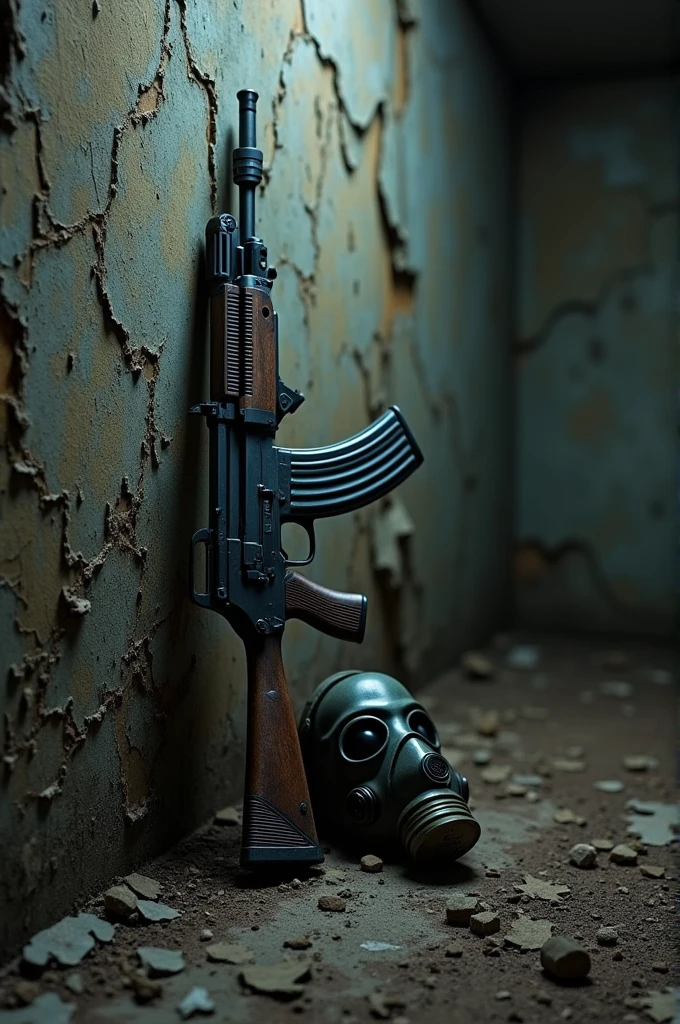 Dark bunker and in the background a wall with many details of deterioration , and an AK47 weapon hanging next to a gas mask