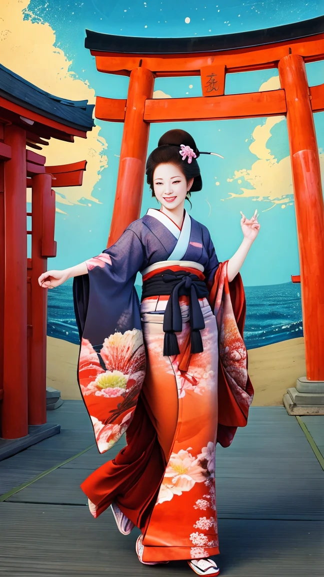 (SeaArt、I create amazing digital illustrations of beautiful women in kimonos)、Beautiful woman smiling and showing her upper white teeth、Vividly colored Ukiyo-e style illustrations、Brown-black long hair、Beautiful full body style、If you want to dance, Dance to the Tokyo Ondo, Good good、Beautiful new digital paintings,、 Bright and vibrant digital anime art、Beautiful anime portraits、Background、Torii gate of a Japanese shrine.、Detailed digital anime art、