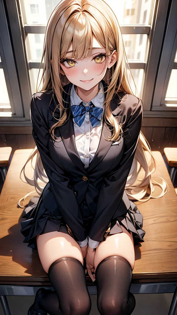 4K resolution,((Highest quality)),Ultra-high resolution,young woman, alone, sexy, (A fleeting smile), (Pale yellow eyes), Beautiful and symmetrical face, (Brown set long hair),Blazer uniform,Dress shirt,Pleated mini skirt,Knee-high socks,Realistic:1.4,Realistic:1.4,(masterpiece:1.2),Perfect Eyes,Perfect Eyes,Perfect Legs,Open your legs a little,classroom,（Fellatio gestures:1.1）,（Open your mouth:1.2）