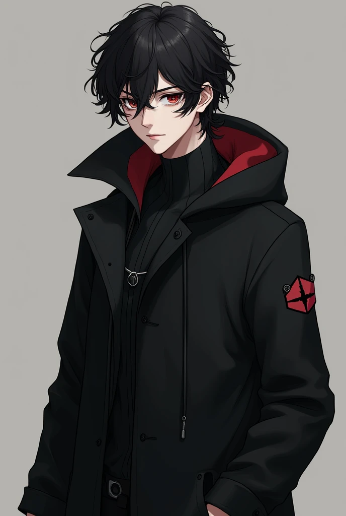 A character in the style of paranormal order, Trans man, shorth hair, but at neck height, he is very effeminate, He has 1,50 tall, dark eyes and black hair and he wears a black overcoat, that coat has a hood, it's a gothic type overcoat, but simple, curly hair, on the coat there is a little eye with a red pupil and it is on the left and it is small, inside he wears a black blouse with a high collar, curly hair, he has a little dark circles, he has a fringe on his right eye. And his name is Eliot Orpheus, não esquece a franja do curly hair, the fringe is on the right.