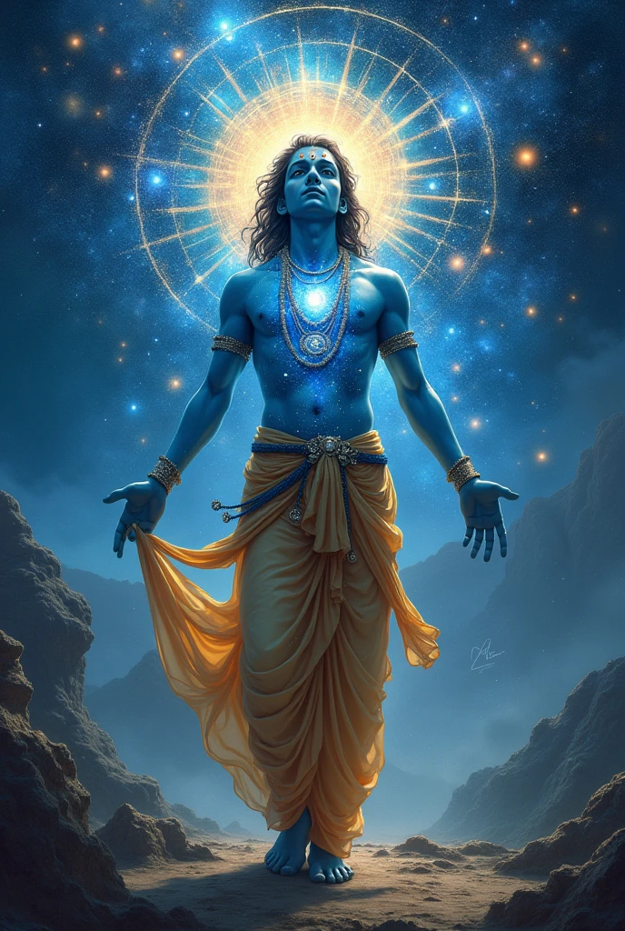 कृष्ण अपने अंदर पूरा ब्रह्मांड दिखाते हुए।
