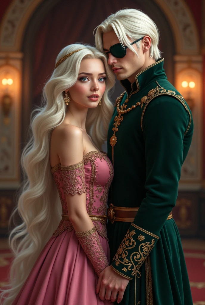 Create a very beautiful young girl with long, curly, platinum blonde hair/white and she has violet eyes and she will be wearing a pink velvet medieval dress, she will be with a man, a tall handsome young man with long straight platinum hair and he wears an eye patch and he will be wearing a dark green medieval outfit and they are together in a medieval room 