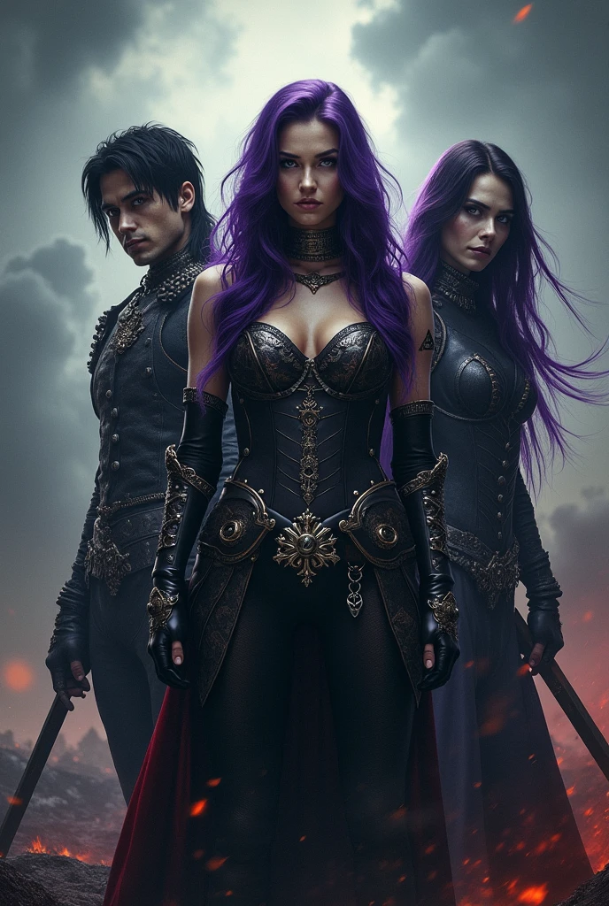 Background image for a poster promoting a heavy metal concert, with the title The Alliance Of Metal, with two black-haired warriors and a purple-haired female warrior, in the dimensions used for Instagram posts