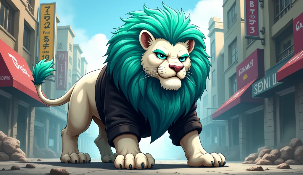 white lion with aquamarine mane, with aquamarine green eyes full body cartoon style standing, with a black jacket and black pants that looks rapper style with an urban background accompanied by advertising