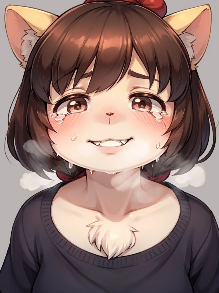 Loser Heroine, Big Tears , shining moist thin eyes , glossy lips , round face , childish hair tie , steamy breath , Swollen cheeks , closeup mouth , sweet pain , Smile with teeth showing , Palpitations and shortness of breath