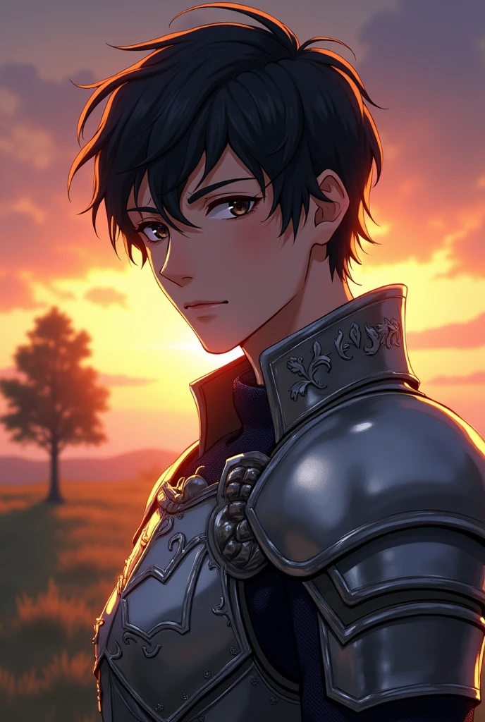 (Anime.1:2) Handsome young man with silver armor and short black hair. Clive, sunset, tree. Potrait