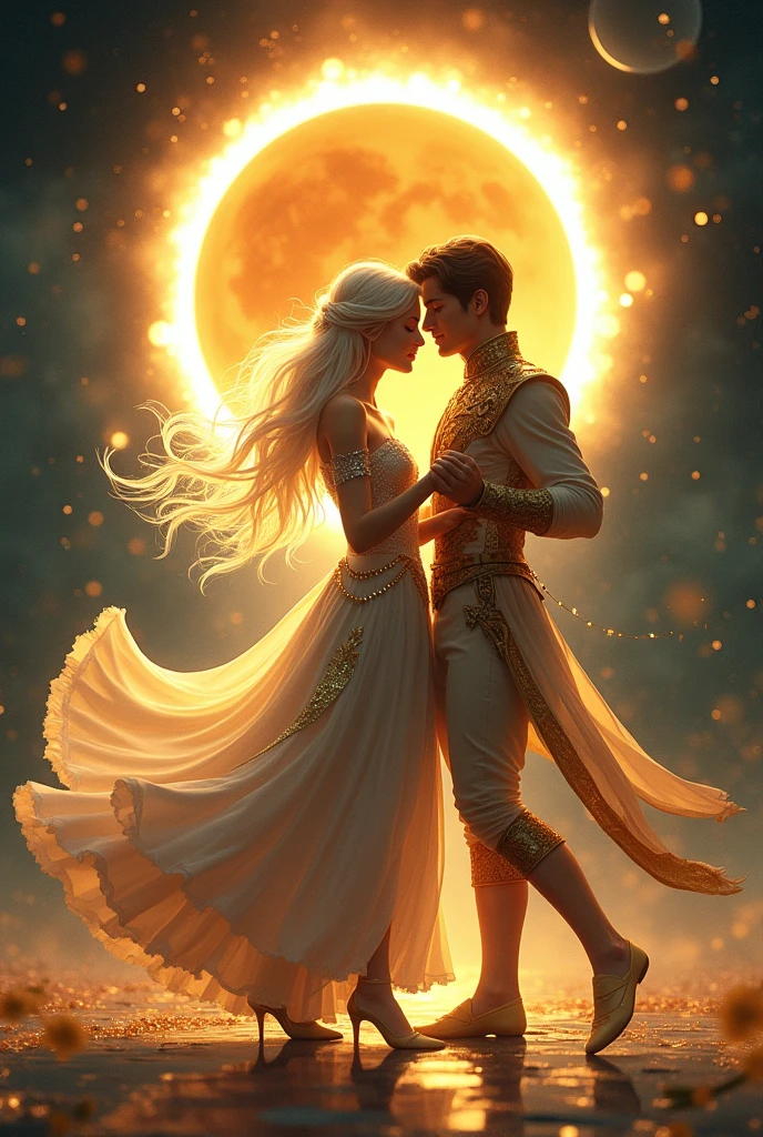 draw, young princess white long hair and silver dress, young prince golden clothes, dancing, eclipse solar