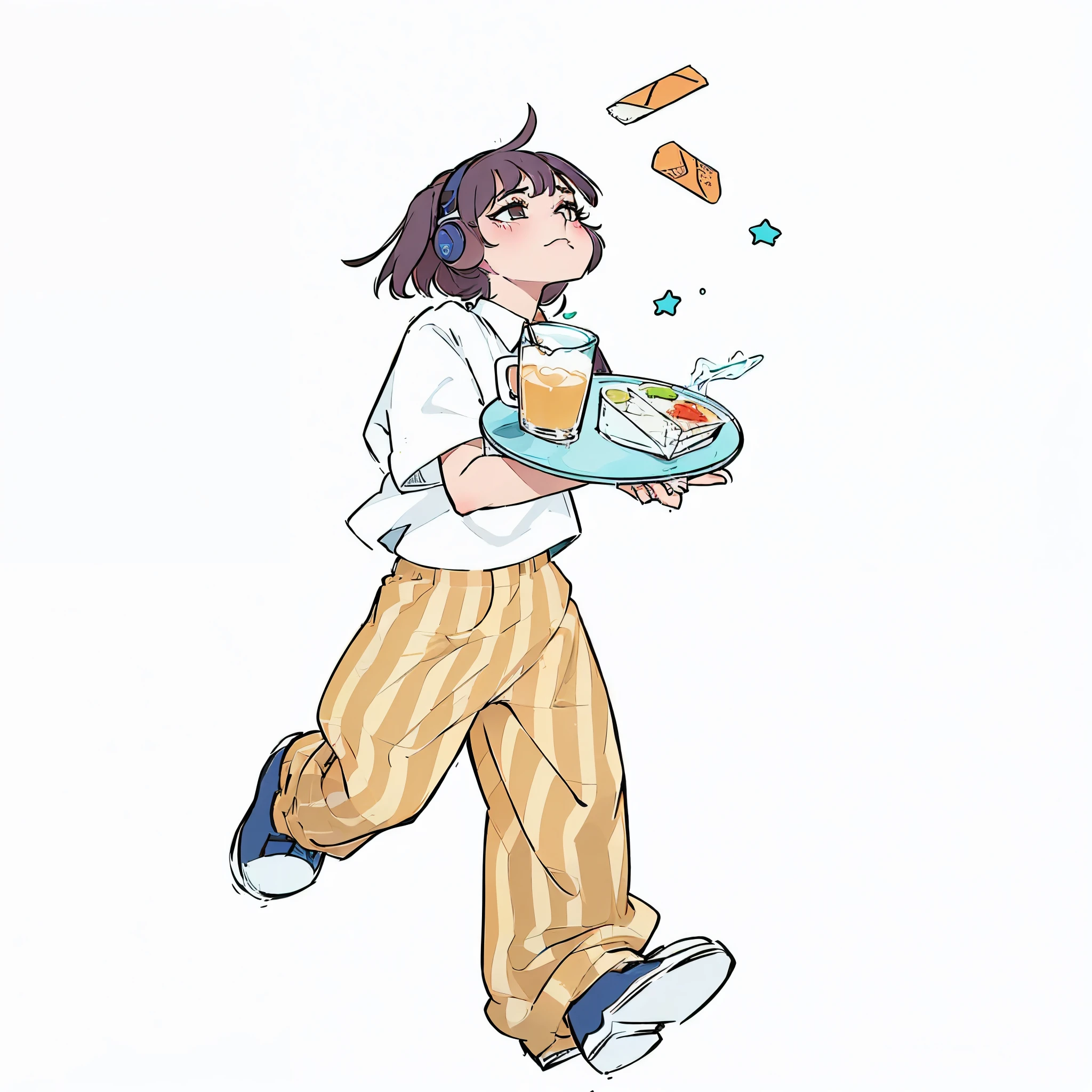 cartoon of a girl with a plate of cocktail, Wearing uniform, lofi girl, ( bartender ) girl, Wearing uniformいる, Mr.々A pose, emo girldrinking cocktails, the anime  is standing, One character&#39;s whole body, bartenderのWearing uniformいる, Single character, Carrying a cocktail, soda themed , Full body character