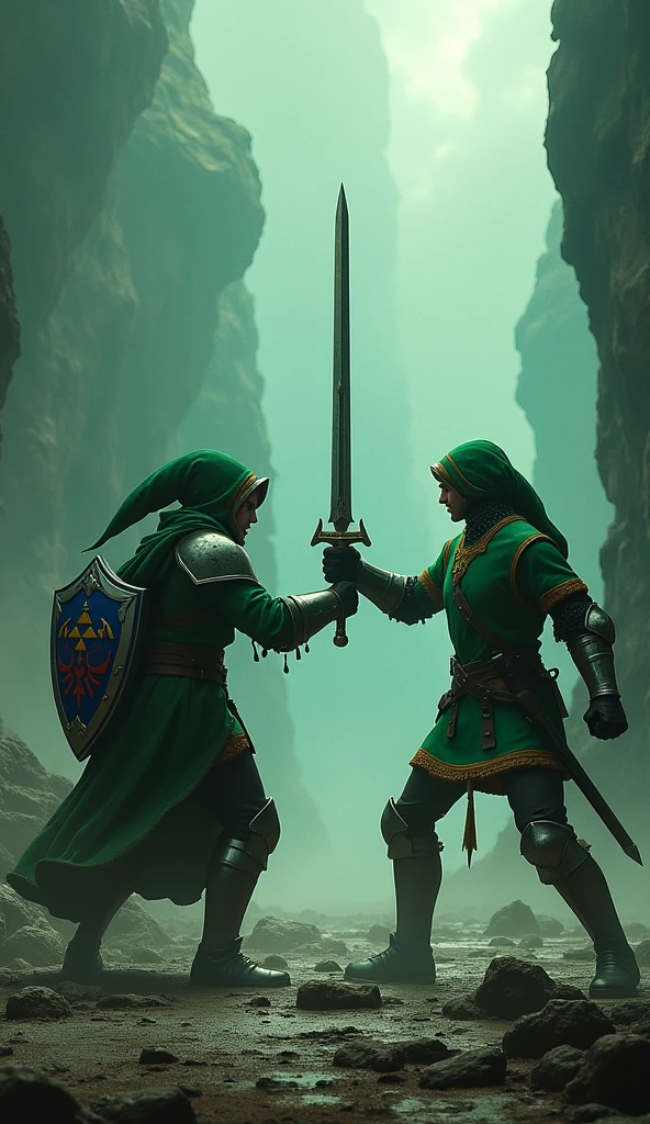 a knight in green tunic, master sword, hylian shield, epic battle, dark link, sword fighting, ocarina of time, legend of zelda, photorealistic, highly detailed, 8k, studio lighting, dramatic lighting, hyper realistic, volumetric lighting, cinematic composition, dynamic pose, intricate details, exquisite textures, vivid colors, dramatic shadows, epic fantasy art