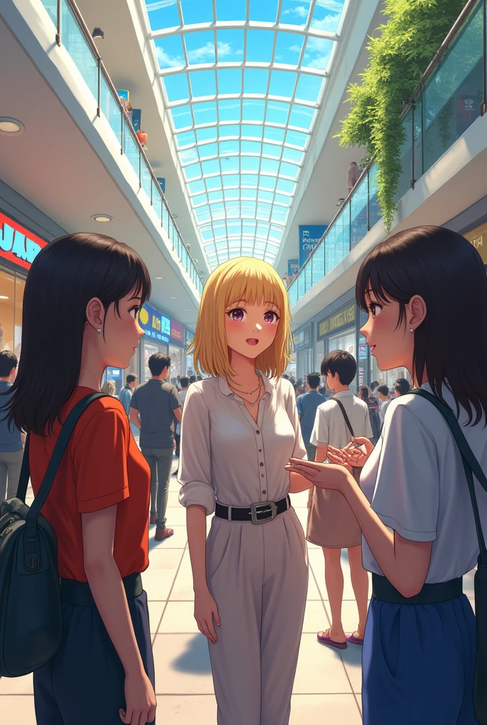 Blonde haired Japanese woman talking to two  shopping mall 