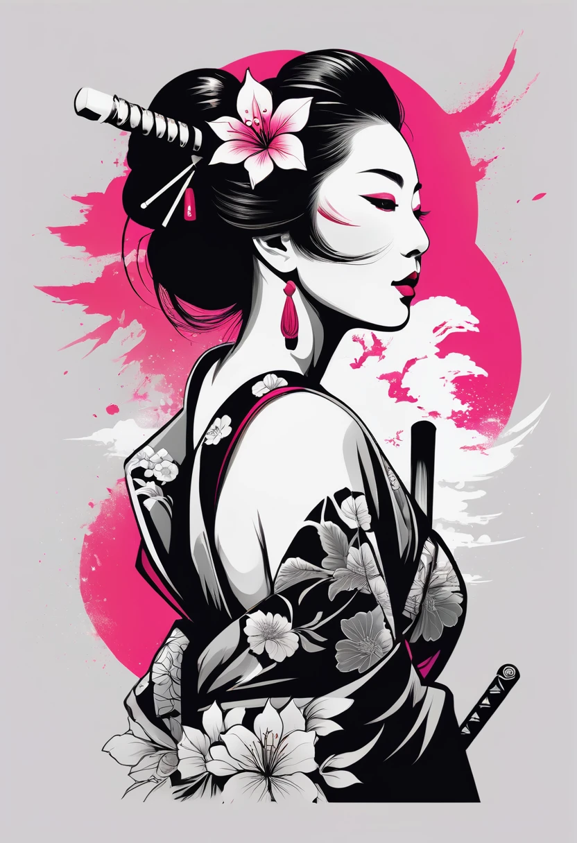 creative logo black and white vector portrait profile of a geisha with red and green tattoes on her shoulder and arms, sword, pink cherry blosom, the contrast between the black and white and the colors is crispy featuring the word ( HONOR), digital art work by dan mumford, carne griffith, sketch, high definition, negative space, vivid colors, tshirts design