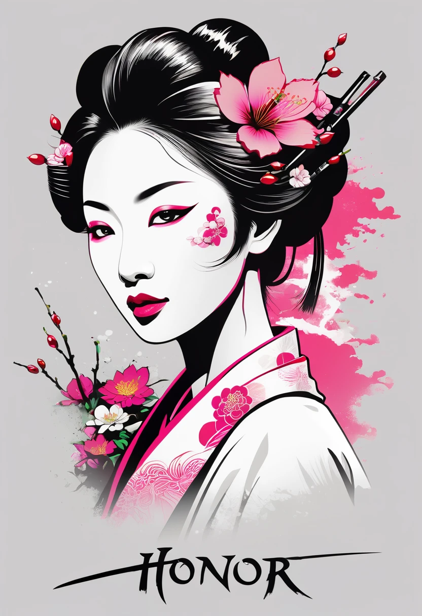 creative logo black and white vector portrait profile of a geisha with red and green tattoes on her shoulder and arms, sword, pink cherry blosom, the contrast between the black and white and the colors is crispy featuring the word ( HONOR), digital art work by dan mumford, carne griffith, sketch, high definition, negative space, vivid colors, tshirts design