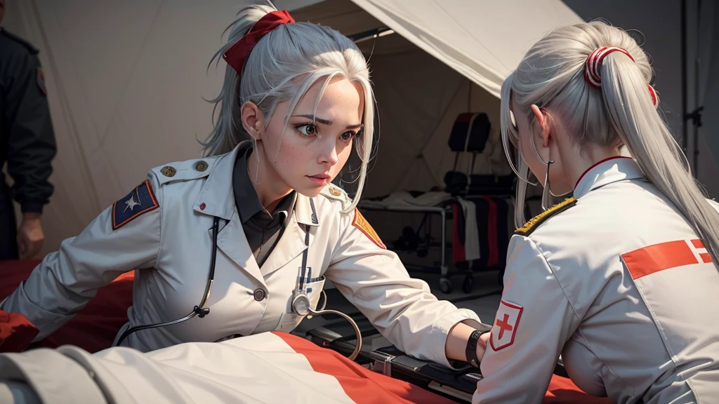 a female military doctor, long gray hair ponytail, white medical suit with red spots, in the background a medical tent scene with some stretchers