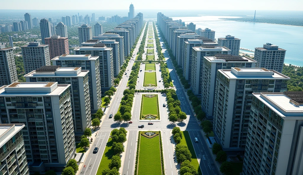 Aerial view of a symmetrical coastal city with a central boulevard lined with palm trees and green spaces. The boulevard is flanked by two wide multi-lane streets., each bordered by 120-meter-high, 33-story high-rise residential and office buildings. The buildings vary in color and style., Some have flat roofs and others have sloping roofs.. The city stretches out towards the horizon and in the distance lies a park. Crosswalks and intersections are visible, which indicates a well-planned urban infrastructure. The overall scene is bright and clear, which suggests a sunny day. Image is hyper realistic, very realistic, real life
