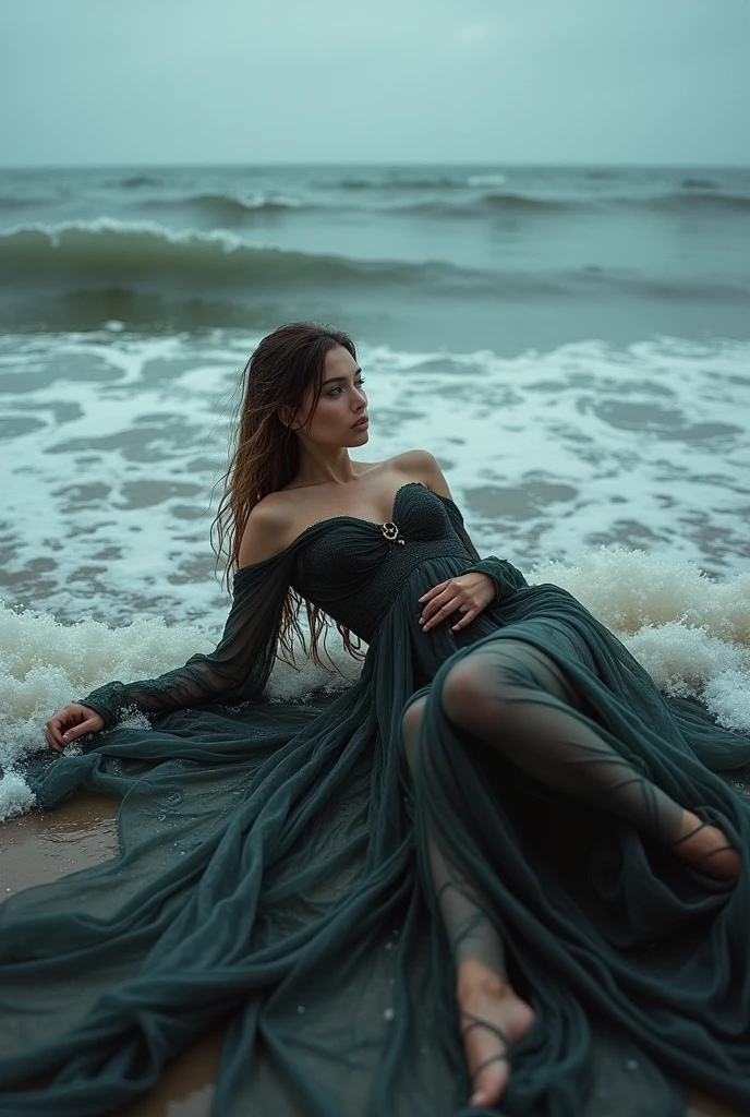 Slim supermodel in a sheer haute couture dress lying on the breaking waves on a rainy afternoon at the beach, with the wet dress clinging to her body.