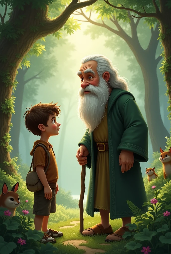 A boy in the forest meets his grandfather
