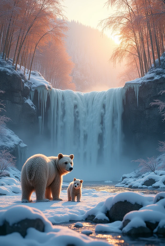 beautiful snowy landscape, frozen waterfall, bamboo forest, frozen river, mother bear and her cub, (best quality,4k,8k,highres,masterpiece:1.2),ultra-detailed,(realistic,photorealistic,photo-realistic:1.37),winter, cold, icy, serene, peaceful, tranquil, calming, moody, dramatic lighting, warm colors, cinematic, award winning, digital art, concept art