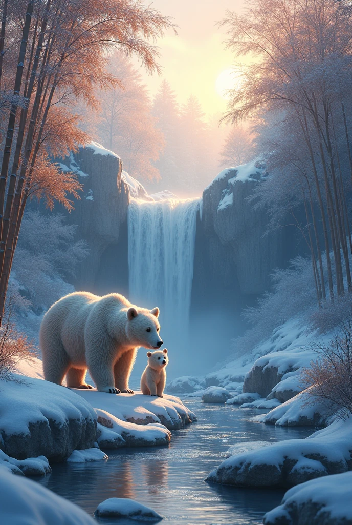 beautiful snowy landscape, frozen waterfall, bamboo forest, frozen river, mother bear and her cub, (best quality,4k,8k,highres,masterpiece:1.2),ultra-detailed,(realistic,photorealistic,photo-realistic:1.37),winter, cold, icy, serene, peaceful, tranquil, calming, moody, dramatic lighting, warm colors, cinematic, award winning, digital art, concept art