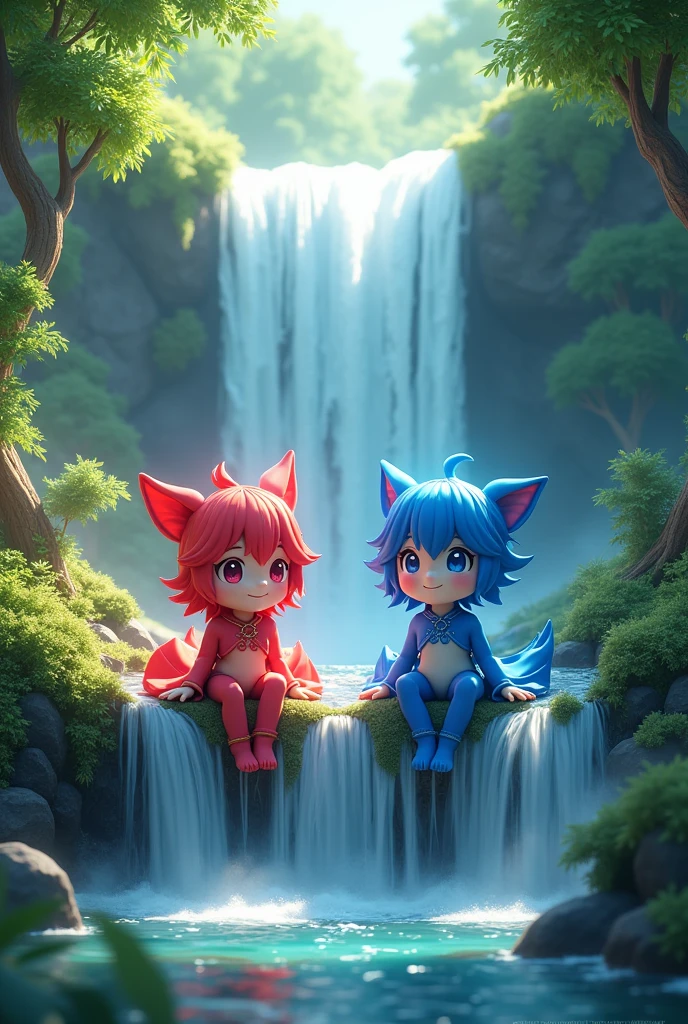 Free fire red bundel and blue bundel sittings on water falls and green trees