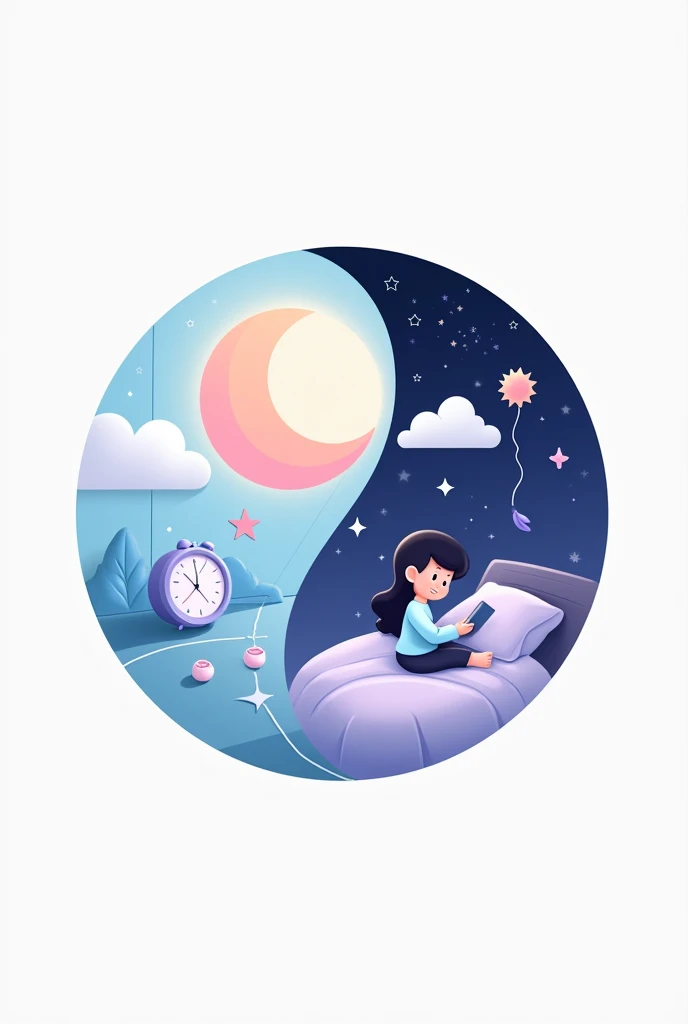 Logo Description:**
Design a logo in the shape of a split circle - **Half Dream:** Use soft colors like light blue and purple, with elements like stars, clouds and a moon.
-Half Realistic: Use solid and contrasting colors. Includes representative elements such as a clock, a bed, and a child using a cell phone. The transition between the two halves should be smooth..