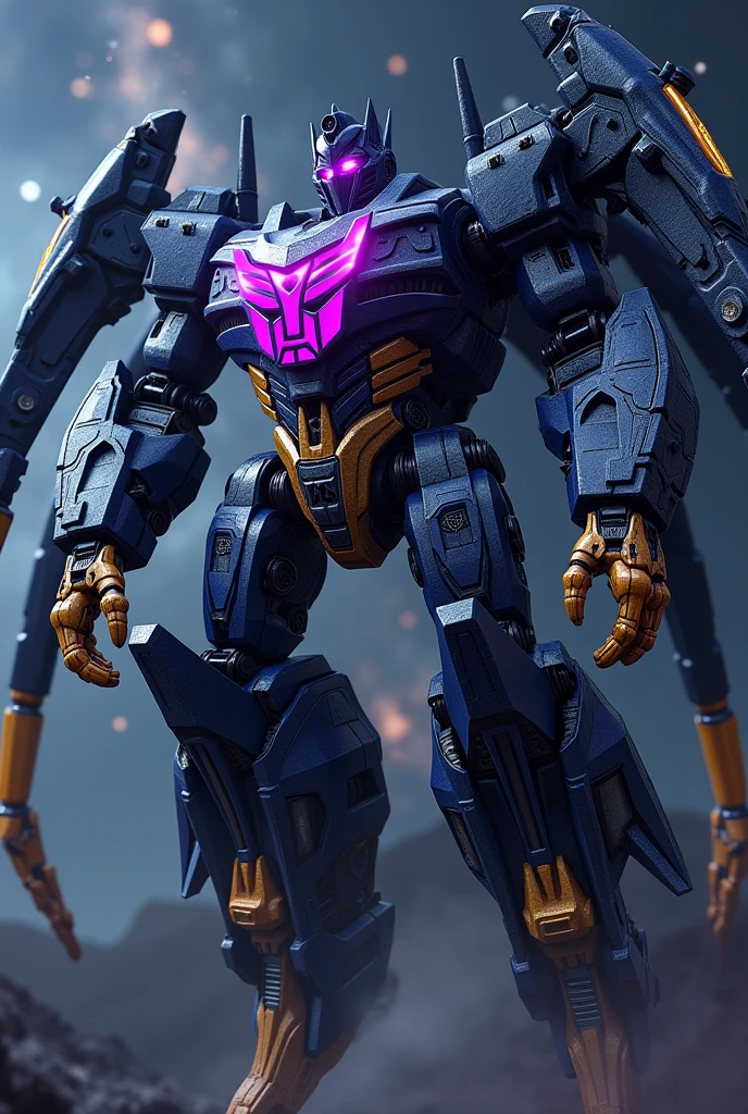 I want an image of a spider-shaped transformers with hands on the tips of its legs, Dark blue with the Decepticon symbol on the chest in violet with Megatron&#39;s face, with yellow tentacles coming out of his waist and a golden mechanical tail , and that it has two blue and black varitech mechanical legs, flying through space and stars in the background 