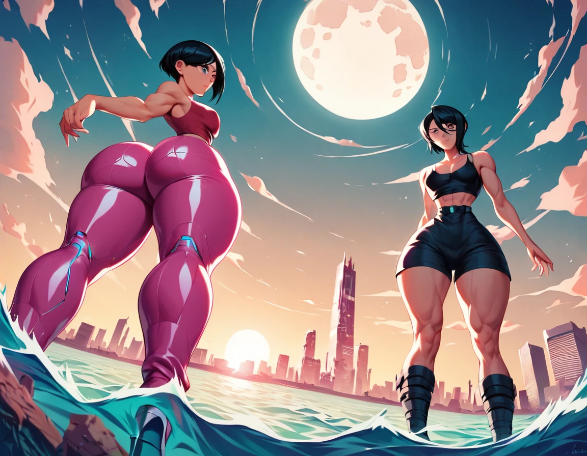 score_9,score_8_up,score_7_up,score_6_up, kuchiki rukia, punk, black hair, sexy, transparent pvc jacket, pink latex socks, sun, moon, reflections, clouds, waves, woods, otherworldy, 8k, big hips, massive butt, slender, skinny, tight body, trim little waist, narrow small waist, red leather ankle-high heeled boots, looking at the horizon, future tokyo, bodybuilder, supermodel, feminine, muscular, shredded, futuristic, black vynil tank top, dark bedroom, keylighting, dynamic, action, epic, skyscrapers, city, metropolis, tech, techno, hi-tech, sci-fi, cyberpunk, foreshortening, movement, detailed face, complex outfit, detailed background, tilted, diagonal, from above, from below

