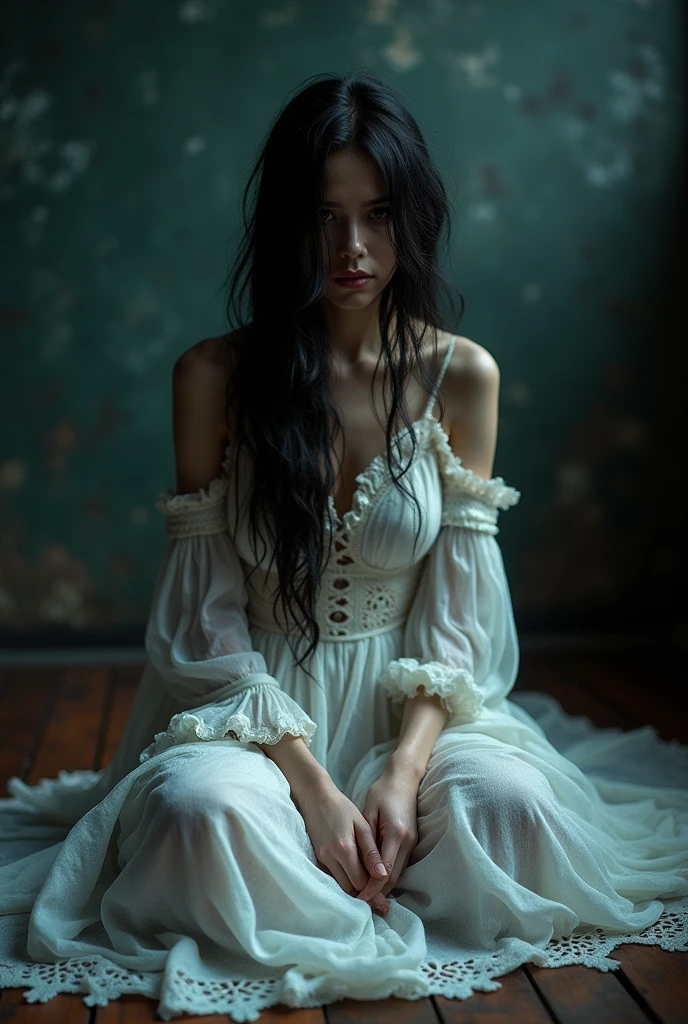 woman in a white dress sitting on the floor., Stefan Gesell, tattered gothic horror maiden, inspired by Bastien L.. Deharme, fine art fashion photography, Miss Aniela, tattered dress, inspired by verehin maxim, impressive and moody, dramatic lighting fantasy, by Elizabeth Polunin, by Ludwik Konarzewski