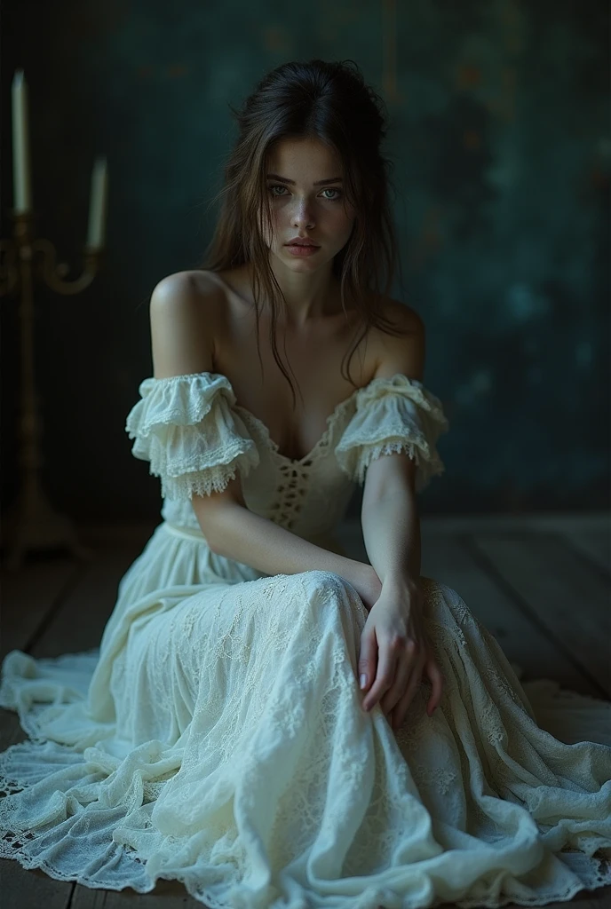 woman in a white dress sitting on the floor., Stefan Gesell, tattered gothic horror maiden, inspired by Bastien L.. Deharme, fine art fashion photography, Miss Aniela, tattered dress, inspired by verehin maxim, impressive and moody, dramatic lighting fantasy, by Elizabeth Polunin, by Ludwik Konarzewski