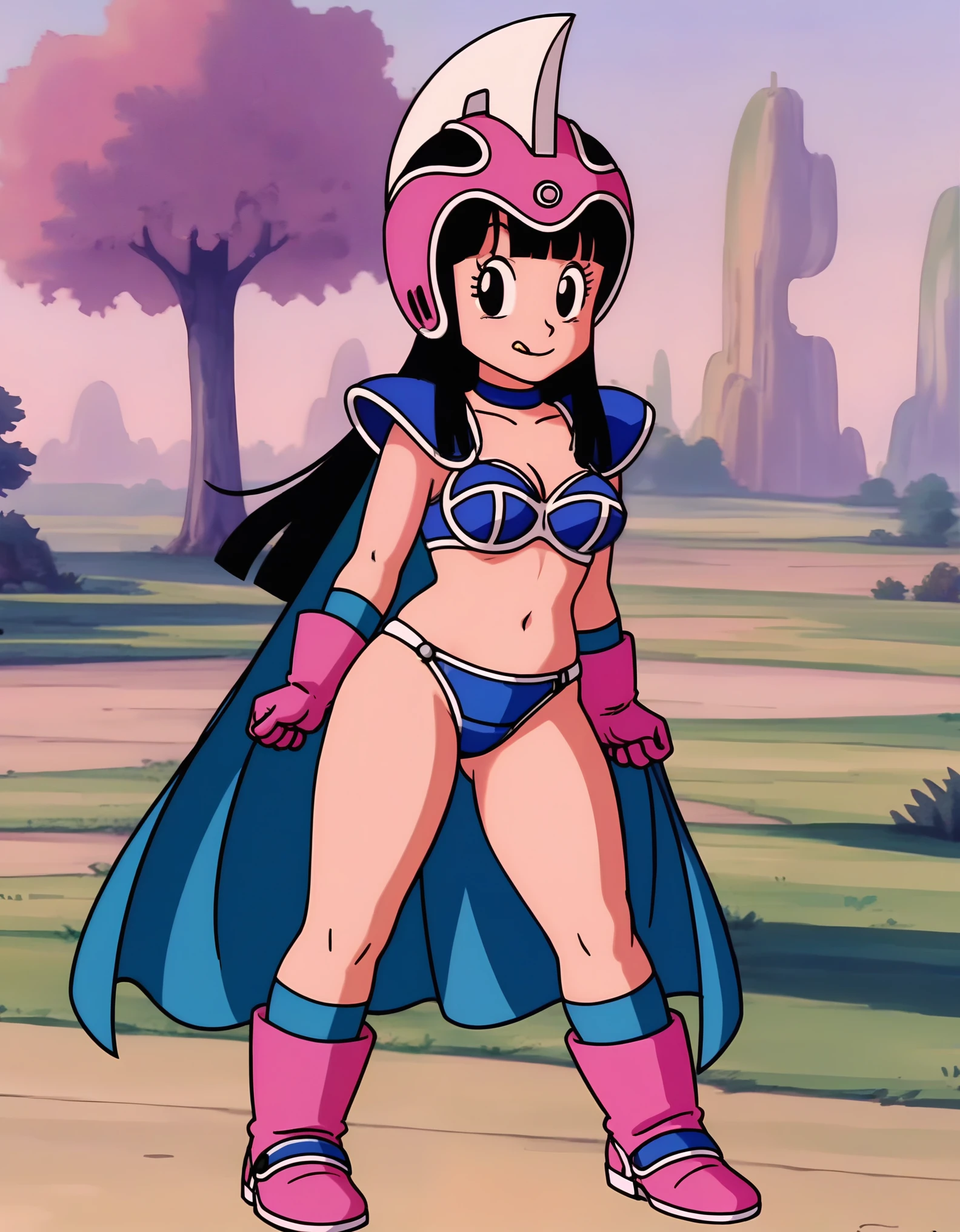 source_anime, score_9, score_8_up, score_7_up, anime screencap,8k, absurdres,
chi-chi, aged down, blue outfit, female , 1girl, long hair, smile, bangs, black hair, collarbone, upper body, outdoors, pink headwear, blunt bangs, black eyes, helmet, shoulder armor, pauldrons, blue choker, medium ass, medium breasts, tits, tongue out, full body