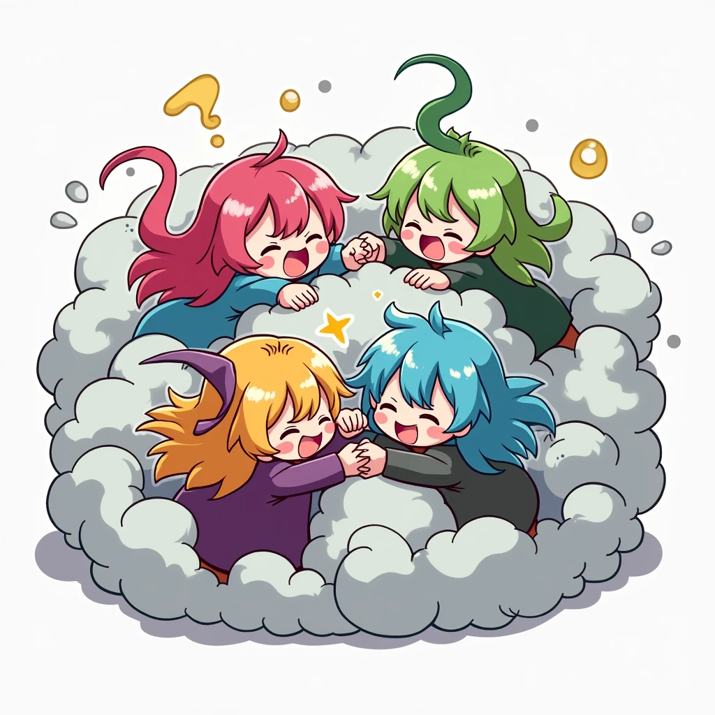 An anime-style illustration depicting many witches playfully wrestling with each other inside a light gray comical fight cloud (dust cloud).
each witch has different  colored hair.
their faces,hands,and feet are visible emerging from the cloud as they tussle humorously,  with the rest of their bodies completely hidden inside the cloud.
the illustration emphasizes the humorous and energetic nature of their scuffle,with a fluffy  and exaggerated fight cloud.