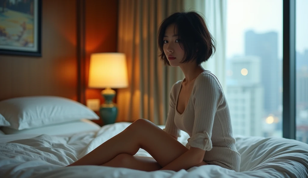 (Best quality, Japanese woman, 4, short black hair, (sitting on bed, legs spread:1.2), luxury city hotel room, soft lighting)
