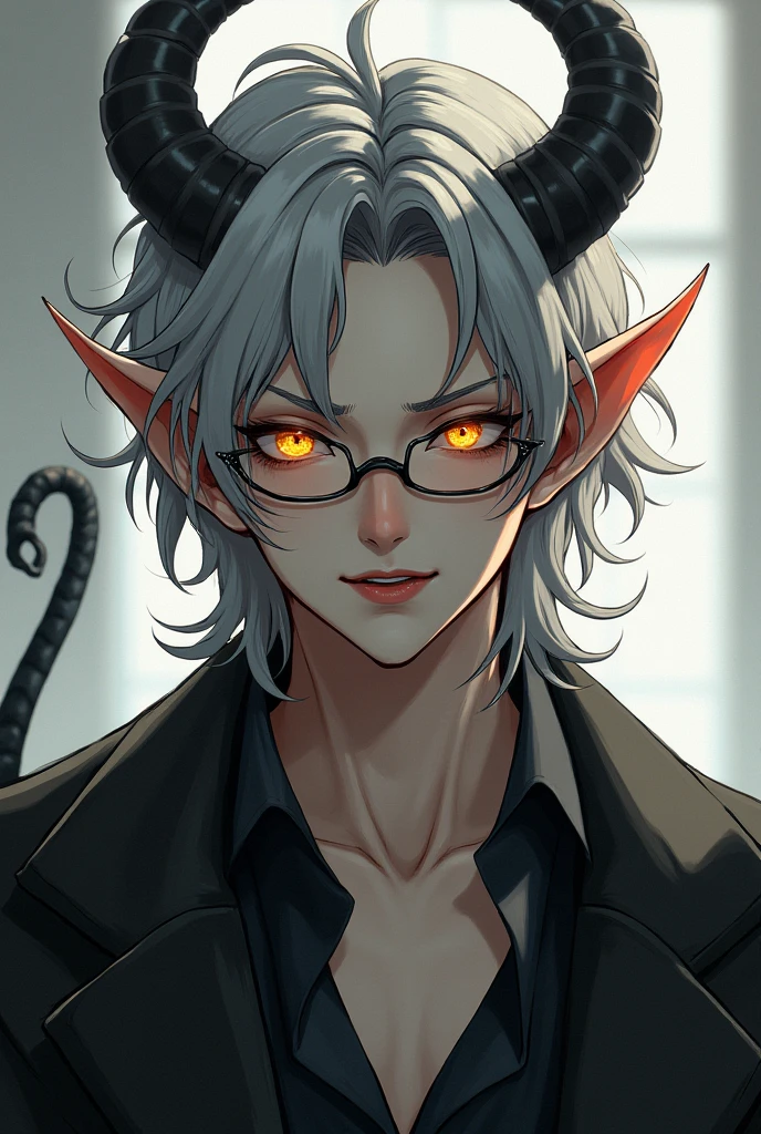 A male demon with fair, pale skin. He has bright, golden eyes and sharo teeth. He has wavy to curly grey hair, about ear length. He has curled horns sprouting from the sides of his head, and a thin tail from his back. He wears glasses, and has a flirty expression on his face. 
The art is not realistic.