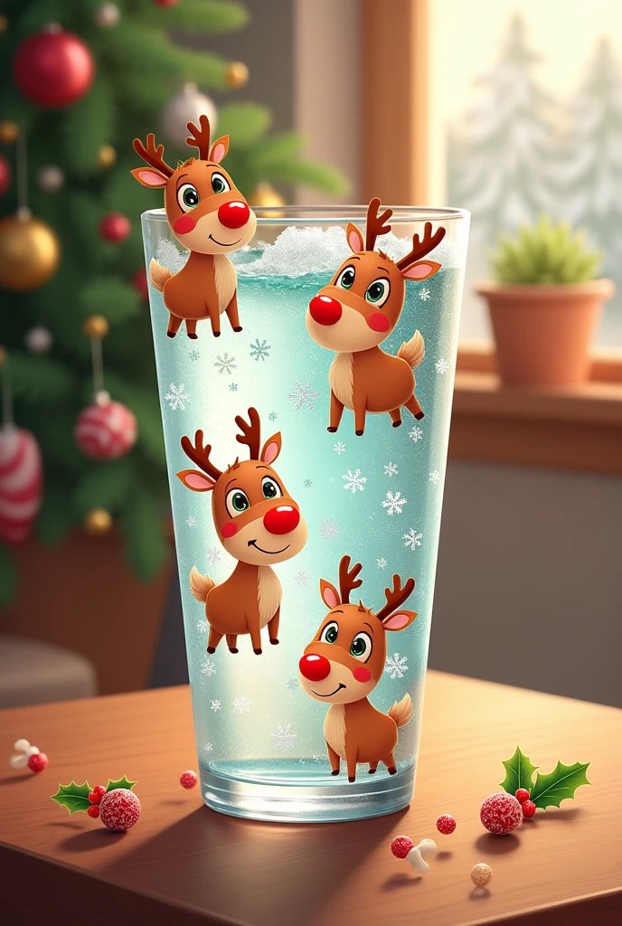 draw a glass of water, It is decorated with cartoon reindeer and Christmas themed images.