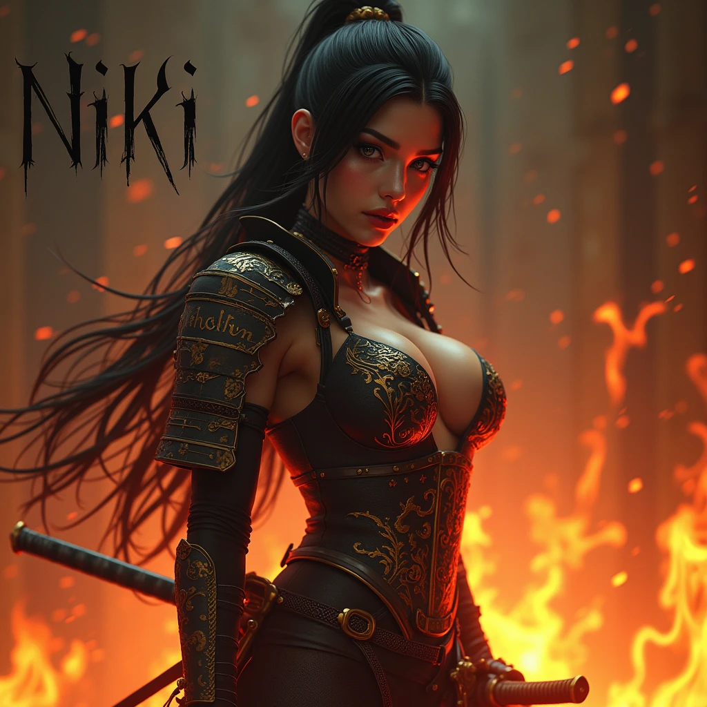 Pour créer l'image réaliste comme une photographie, imaginez une guerrière coquine, vêtu d'une armure de samouraï sexy, qui capte la lumière d'une manière captivante. Elle tient un katana japonai. Autour d'elle, des flammes tourbillonnent qui accentuent sa présence unique et intimidante. L'arrière-plan contient son nom " NiKKi ", qui est inscrit en lettres gothiques, ajoutant une touche mystérieuse à l'ensemble de l'image. Cette composition évoque à la fois la fougue et la singularité de ce personnage fascinant.
