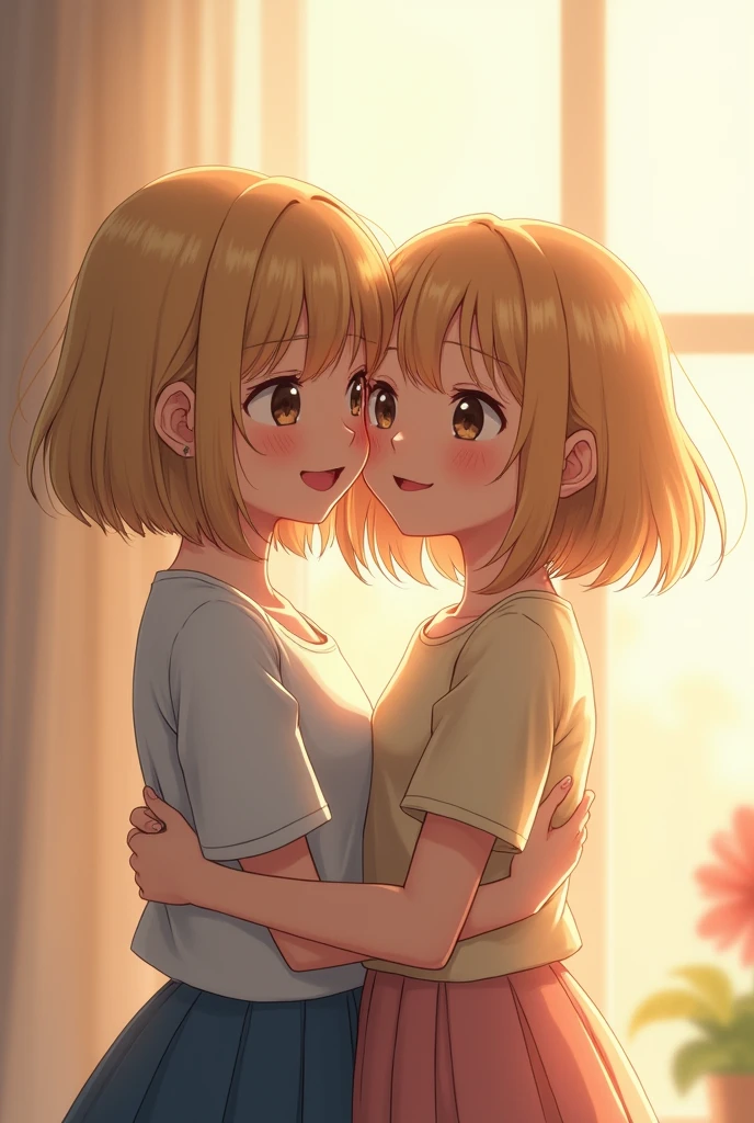 Two blonde Korean girls hugging each other